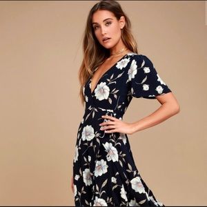 Lulus Lake Como Navy Blue Floral Wrap Dress